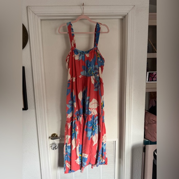 Free People Moonshine Sleeveless Tiered Midi Dress Coral Blue Floral XL Summer - Picture 7 of 12